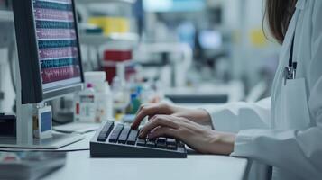 A healthcare worker reviews patient information on a computer screen photo