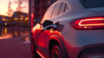 An electric car is charging as the sun sets, casting warm reflections on the surface photo