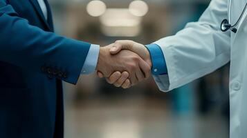 A doctor and a client shake hands in a bright, welcoming environment photo