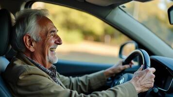 A cheerful elder drives with enthusiasm through vibrant fall colors photo