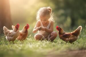 Child feeding chickens in a lush garden during golden hour light photo