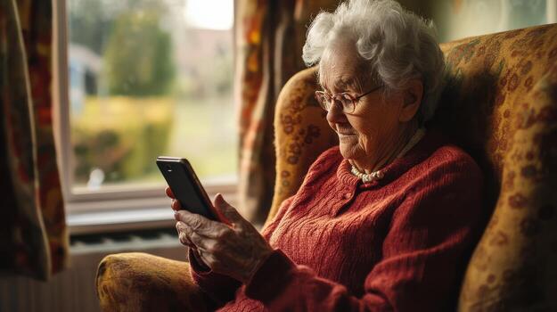 un mayor mujer disfruta su teléfono inteligente en un cálido, atractivo vivo espacio foto