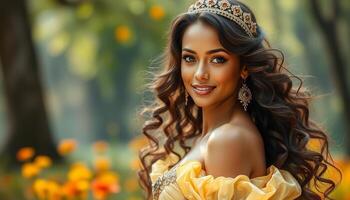 A beautiful figure exudes elegance amid blooming flowers and soft sunlight photo