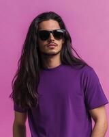 Model showcases a blank shirt with confidence and charm, exuding a cool vibe photo