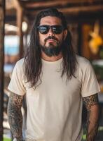 The model stands boldly wearing a blank t-shirt, exuding charm and attitude photo