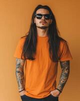 A stylish model displays a blank t-shirt with confidence and attitude photo