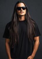 Stylish model poses in a blank t-shirt, exuding a cool vibe with long hair photo