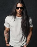 Confident model displays a simple t-shirt, exuding cool charm and urban flair photo