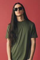 A stylish individual wears a blank t-shirt with confidence and flair photo