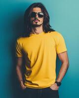 A stylish model poses in a blank yellow t-shirt, exuding a confident vibe photo