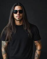 Stylish individual promotes a versatile blank t-shirt with a confident pose photo