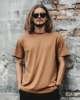 A model with long hair confidently displays a blank t-shirt photo