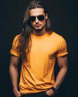 Model showcases a blank t-shirt, exuding an edgy, confident vibe photo