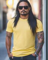 A handsome model sports a plain yellow t-shirt, flaunting elegance and attitude photo