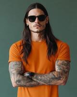Model displays a stylish blank t-shirt with confidence and attitude photo