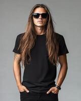 A confident model flaunts a classic blank t-shirt with effortless style photo