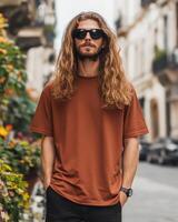 Handsome model confidently poses with sunglasses on a lively city avenue photo