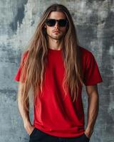 Model exudes confidence in a blank t-shirt with long hair and stylish sunglasses photo