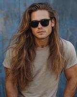 Model wears a blank t-shirt, exuding confidence and a modern edge photo