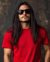 A model with long hair wears a blank t-shirt and sunglasses, radiating confidence photo