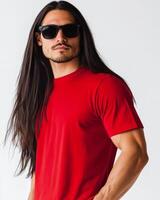 Model displays a vibrant t-shirt, radiating confident charisma and style photo