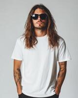 Model displays a blank t-shirt, exuding charm and confidence in casual attire photo