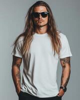 Model poses confidently in a blank t-shirt, exuding a trendy bad boy vibe photo