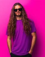 A confident model poses in a blank t-shirt with long hair and sunglasses photo