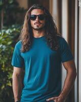Model with long hair poses confidently in a blank t-shirt, exuding charm photo