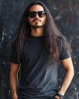 The model exudes confidence while wearing a timeless black t-shirt photo