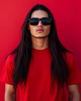 A handsome model poses confidently in a blank t-shirt and sunglasses photo