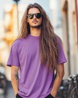 A handsome model showcases a vibrant t-shirt in an urban setting photo