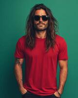 The model poses confidently in a bright red t-shirt, exuding cool vibes photo