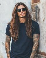 Stylish model poses confidently in a blank t-shirt, exuding a cool attitude photo