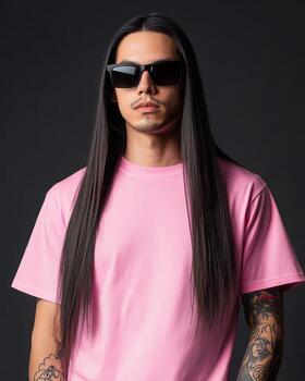 A confident model displays a blank tee while exuding cool vibes photo