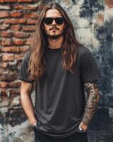 Handsome model poses confidently in a blank t-shirt, exuding a cool vibe photo