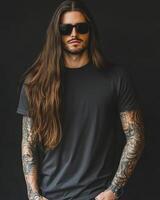 A stylish model poses confidently in a blank t-shirt, exuding charm photo