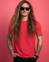 Confident model in a long-haired hairstyle poses with attitude and style photo
