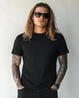 A stylish model presents a plain t-shirt, exuding an edgy vibe photo