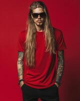 Model with long hair poses confidently in a stylish blank t-shirt photo