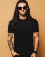 The model showcases a blank t-shirt with an effortlessly cool vibe photo
