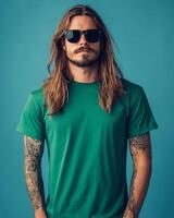 Trendy model wears a blank t-shirt, exuding confidence and cool vibes photo