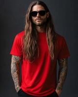 A striking model showcases a blank t-shirt with confidence and flair photo