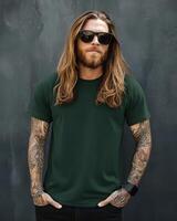 Handsome model with long hair stands confidently in a trendy location photo