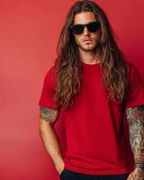 A confident model displays a casual look with long hair and a blank t-shirt photo