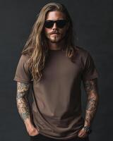 Model displays a blank t-shirt with confidence, exuding a bold bad boy vibe photo