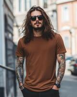 Handsome model poses in a blank t-shirt, exuding a cool and edgy style photo