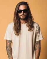 Stylish model wearing a plain t-shirt exudes a laid-back attitude photo