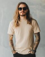The model poses confidently in a blank tee, exuding effortless style and charm photo