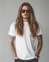 A model displays a blank t-shirt with an effortlessly cool attitude photo